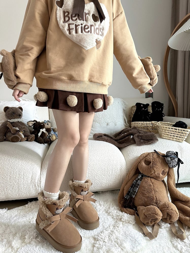 Brown Bear Bow Accent Fleece Lined Sweet Platform Winter Ankle Boots