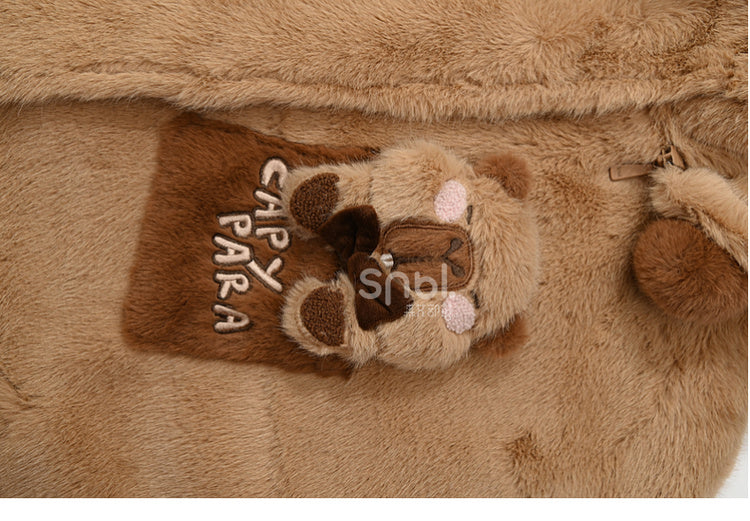 Cute Capybara Adorned Brown Plush Zip Hoodie