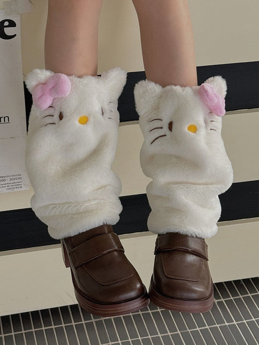 White Cute Kitty Plush Leg Warmers