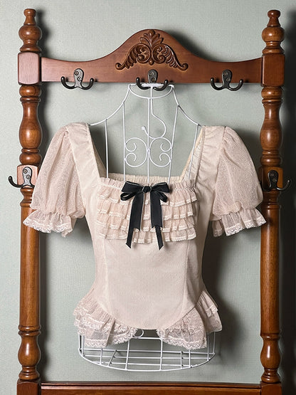 Beige Square Neckline Short Sleeves Blouse