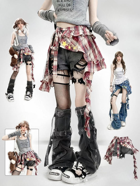 Design Distressed Bittersweet Y2K Red Holes + Leg Accessory Warmers Black Plaid Shorts