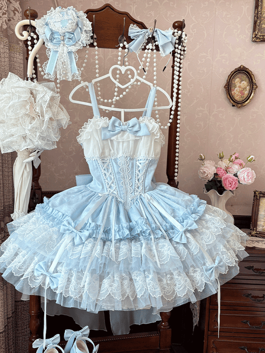 Mehrlagiger großer Balletcore-Schnürrock mit entbeinter Taille, süßer Lolita-Pullover, Schleppe, Schleifenrock, blau-weiß mit Saumspitze und