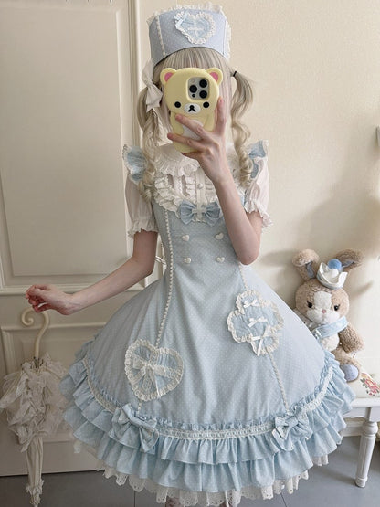 Layered Pattern Ruffle Nurse Hemline Blue Dress Polka-dot Lolita