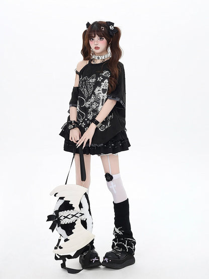 Black/Beige Cutout Shoulder Graffiti Bittersweet T-Shirt Angel Lucky