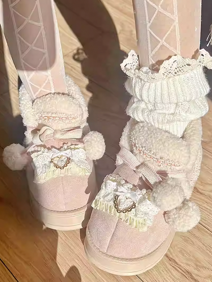 Beige&Pink Pompons Plush Platform Ugg Boots with Beaded Chain