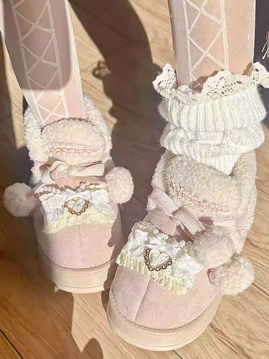Beige&Pink Pompons Plush Platform Ugg Boots with Beaded Chain