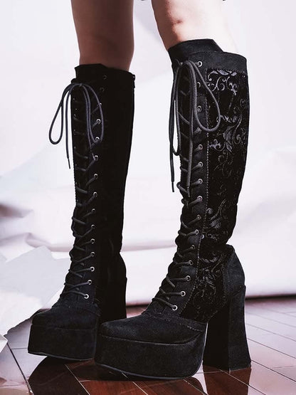 Gothic Black Front Lace-up Ties Velvet Platform High Block Heel  Knee-high Boots