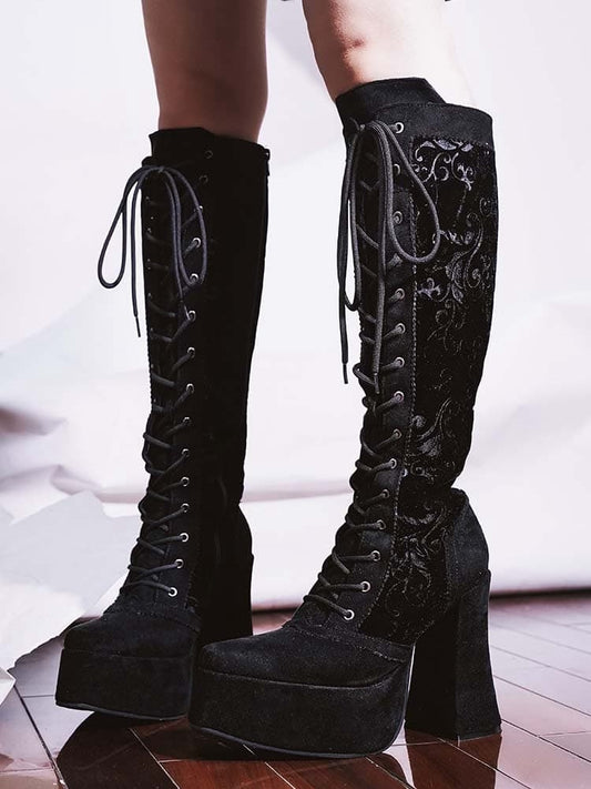 Gothic Black Front Lace-up Ties Velvet Platform High Block Heel  Knee-high Boots