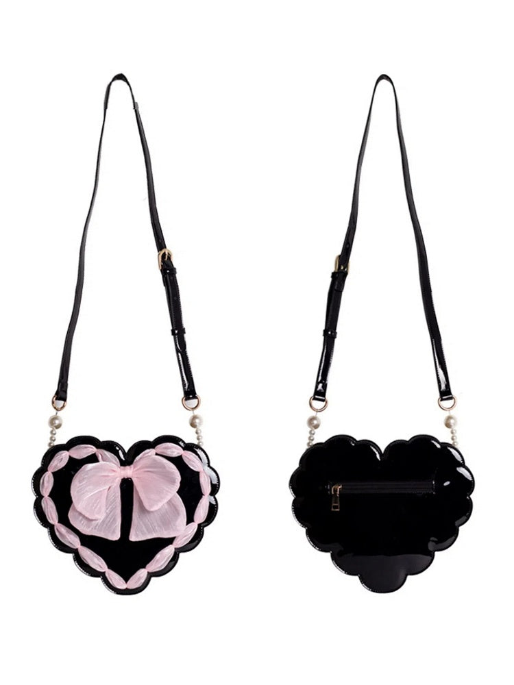 Two with Adjustable Handle Lolita Bag Strap Available Pearl Colors Bow Detail Heart-Shaped