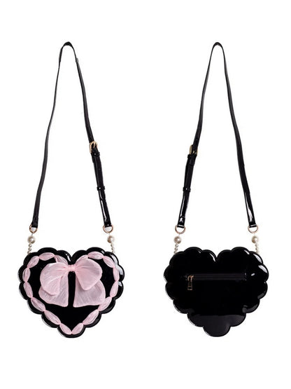 Two with Adjustable Handle Lolita Bag Strap Available Pearl Colors Bow Detail Heart-Shaped