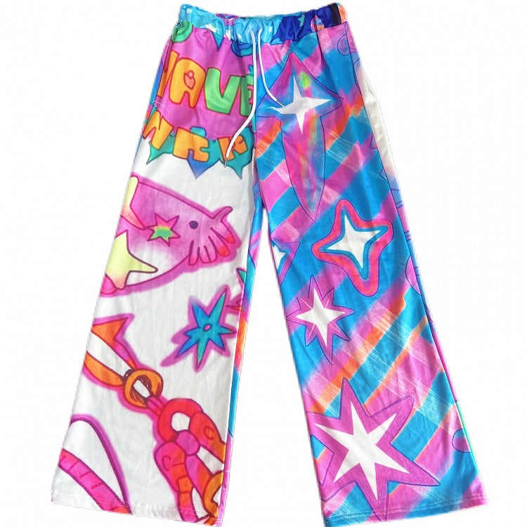 Cut And Print Colorful Cartoon Pants Star Y2K Wide-leg