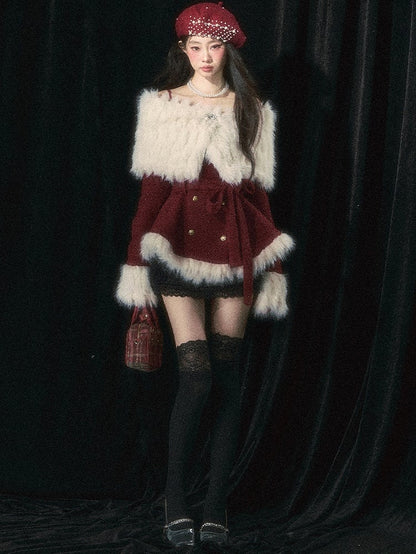 ChristmasRed/White Elegant Off-the-shoulder Neckline Coat Detachable Plush Shawl