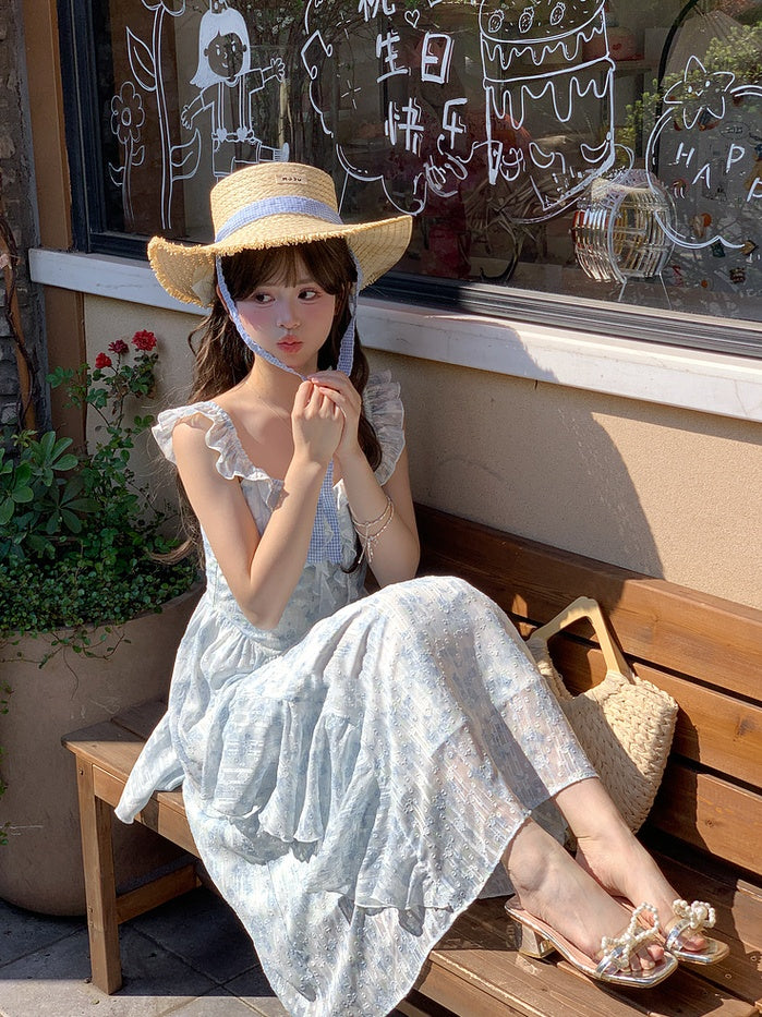 Sleeves Blue Flutter Cascading Ruffle Light Accents Floral Sleeveless Dress