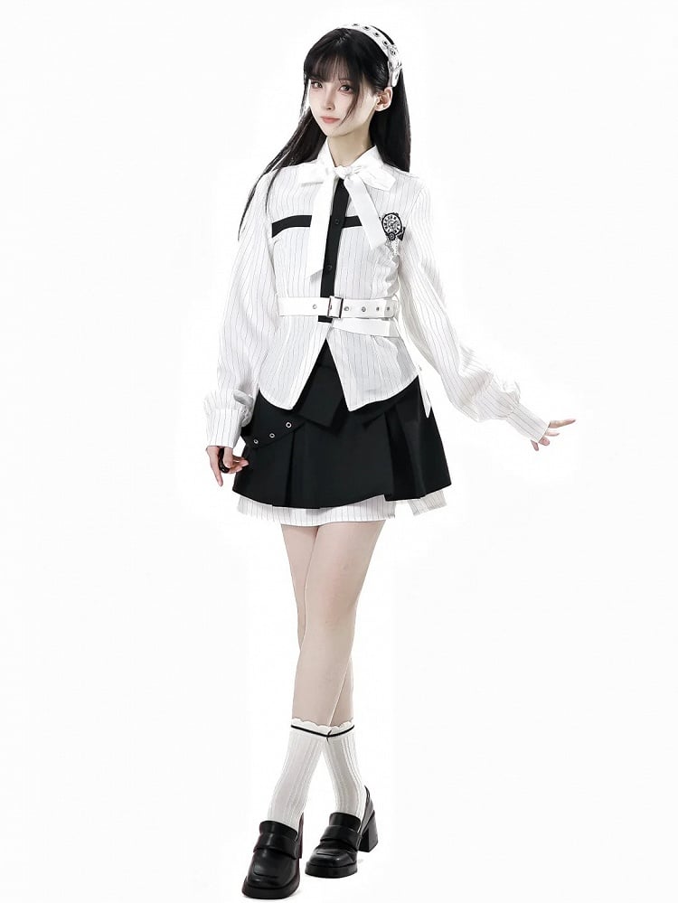 Hemd mit abnehmbarer Schmetterlingsuhr-Brosche, Schleife, schwarz, zum Selbstbinden, weiße Streifen, Kreuz-Design