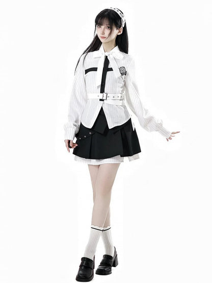 Hemd mit abnehmbarer Schmetterlingsuhr-Brosche, Schleife, schwarz, zum Selbstbinden, weiße Streifen, Kreuz-Design