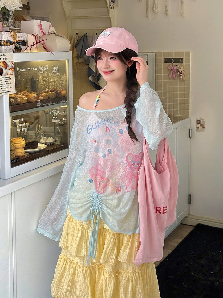 Blue/Pink Cute Semi-sheer Hem Cartoon Print Drawstring Top