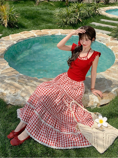 Faux Tank Top Neckline Embroidery Red Halter Neck Flutter Sleeves Cherry Two-pieces