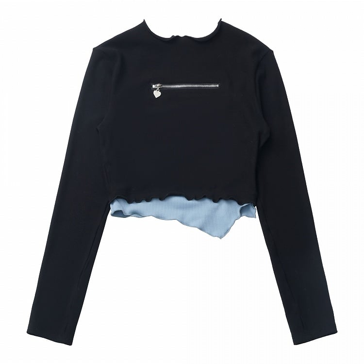 Blue and Black Fake Two-Piece Round Neck Top