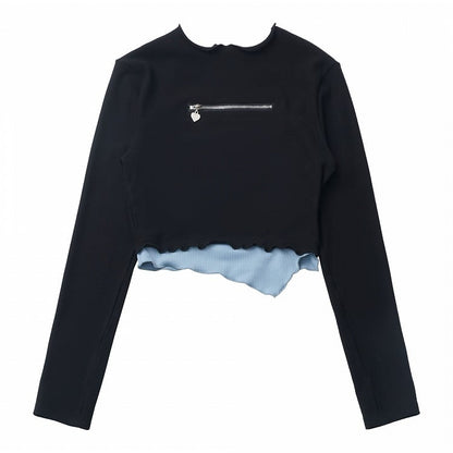 Blue and Black Fake Two-Piece Round Neck Top