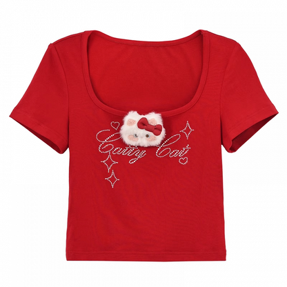 Details T-Shirt with Detachable Kitty Plushie Neck Rhinestone Red Square