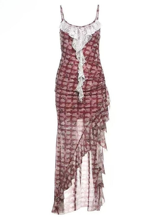 Hem Glamorous Bittersweet Pattern Red Skirt White Dress Cami Set- Plaid Lace Butterfly Asymmetrical +