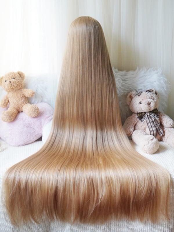 Perruque longue et lisse marron foncé/blond/rose avec frange complète