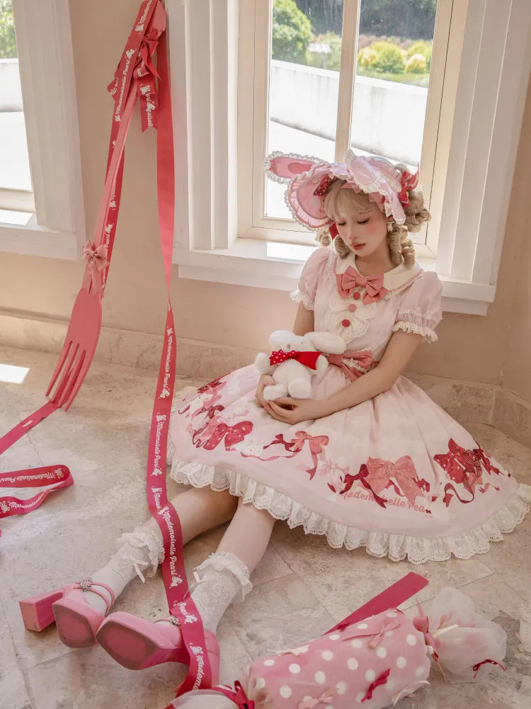 Short Bows Pink Piece One Sweet Dress and Sleeves Print Lolita Bunny