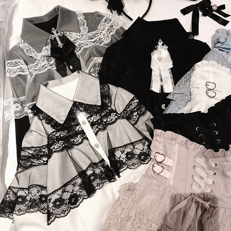 Jirai Kei White&Black/All Black Lace Cape Design Landmine Style Blouse