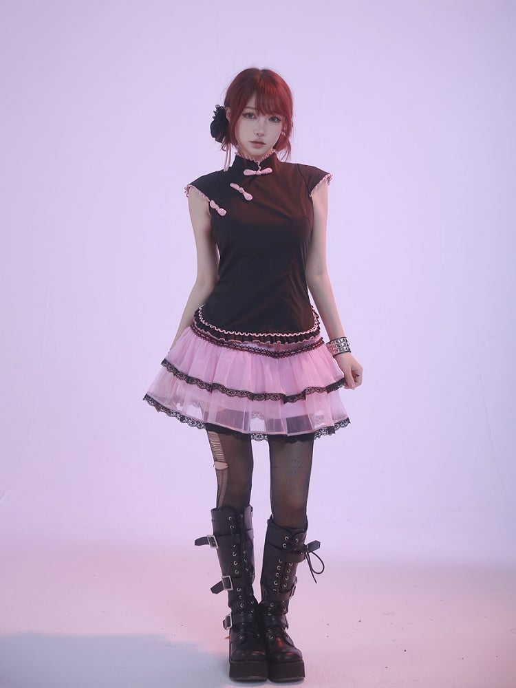 Jupe en tulle à volants et taille léopard rose