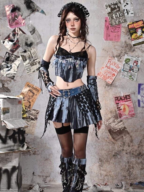 Grunge Punk Rock Fairy Blue Asymmetrical Hem Tie Dye Pleated Skirt with Free Chain Belt