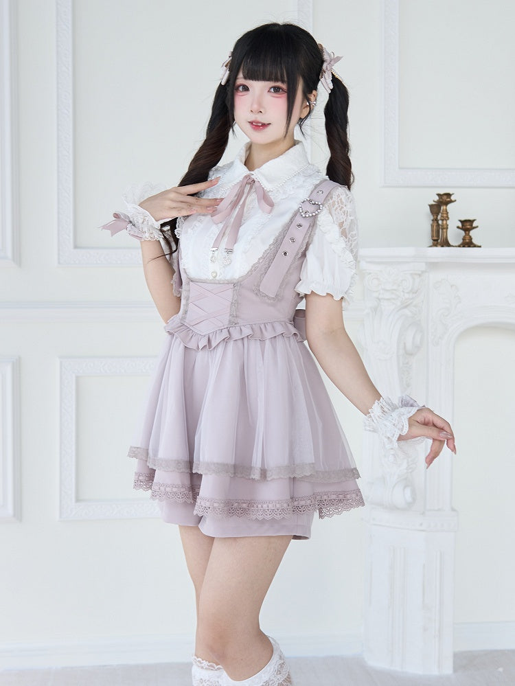 Jirai Kei – Schwarz/Weiße Bluse mit kurzen Ärmeln und Perlenkragen