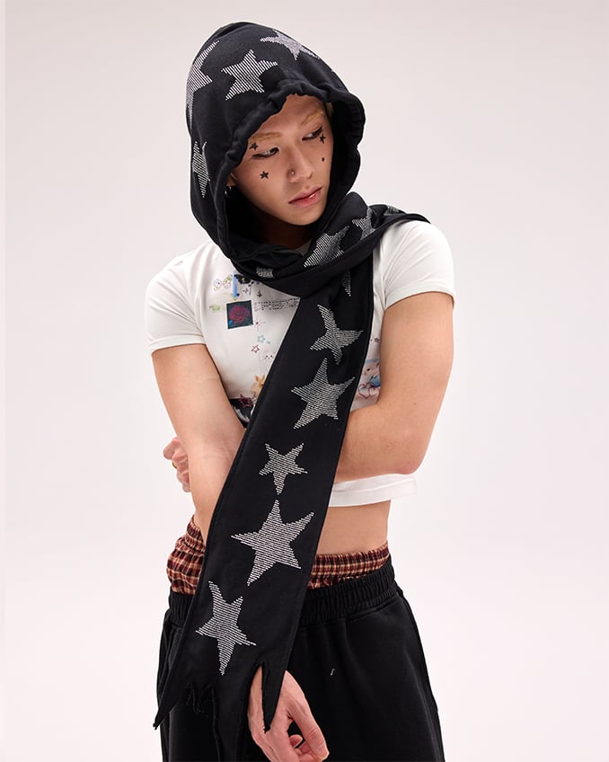 Black/White Star Rhinestones Hat and Scarf All-in-one