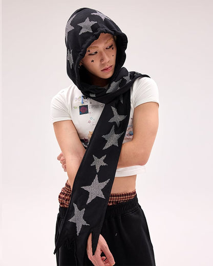 Black/White Star Rhinestones Hat and Scarf All-in-one