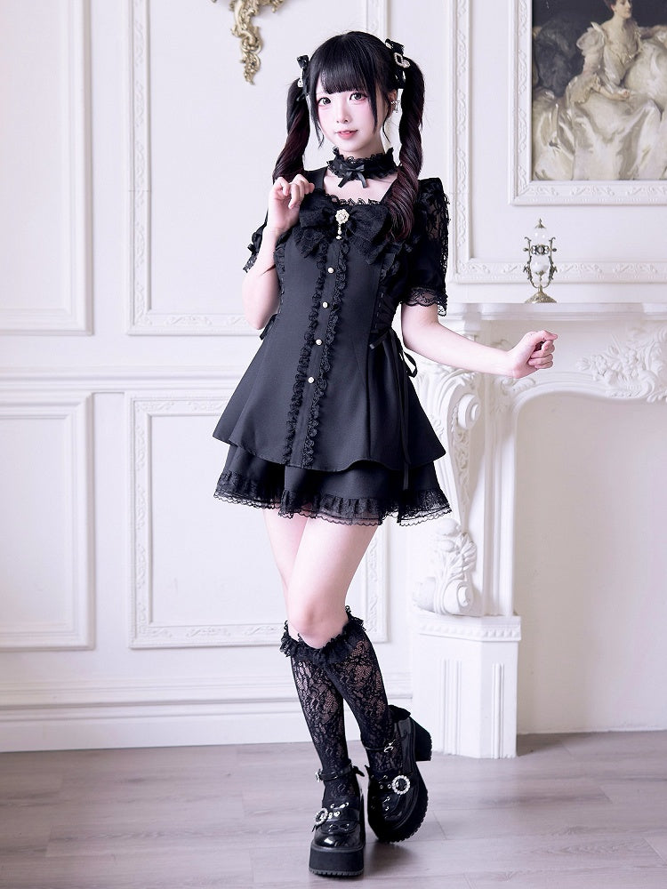 Jirai Kei Black Set: Cutout Shoulder Mini Dress with Lace-up Side Details and Skirt