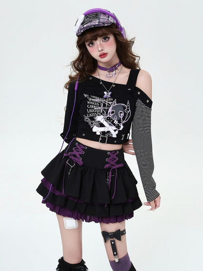 Details Skirt Tiered Waist Purple Y2K at Black and Lace-up