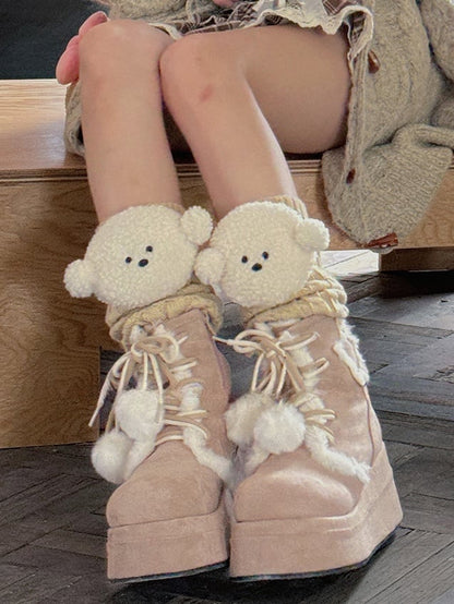 White/Khaki/Light Grey/Coffee Knitted Leg Warmers With Puppy Plushie