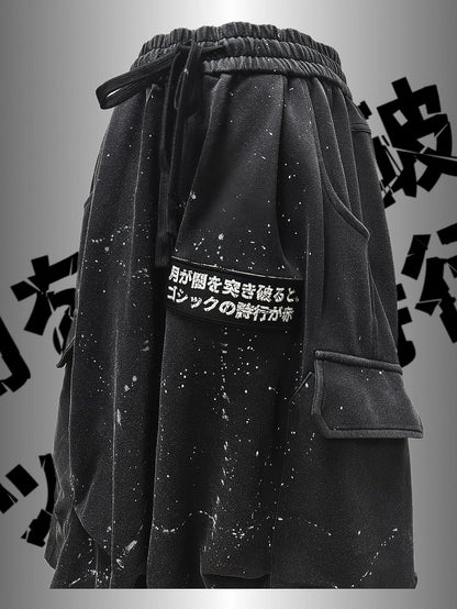 Design Pants Black Asymmetrical Cargo Punk Wasteland Print Wide-Leg