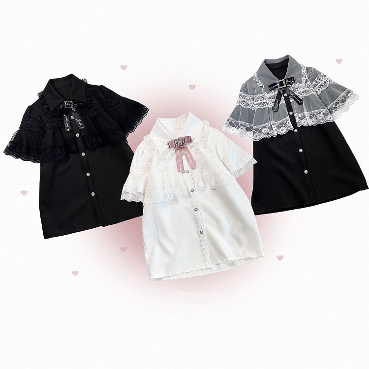 Jirai Kei Black/White/BlackWhite Lace Cape Design Short Sleeves Blouse