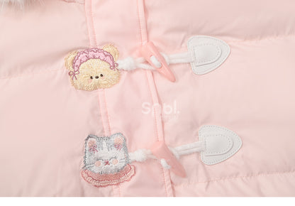 Pink Cute Bear and Kitty Plush Trim Hooded Down Coat