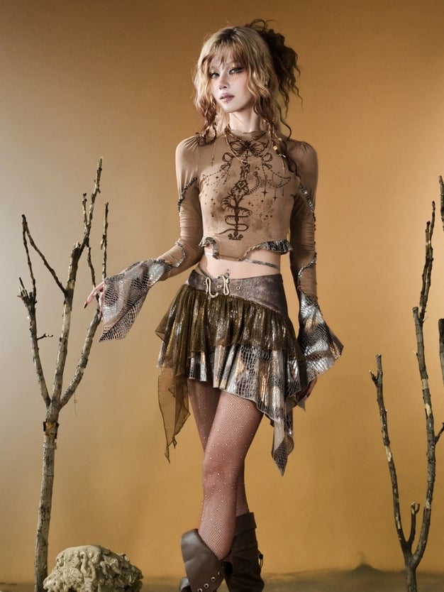 Design Hem Asymmetrical Snakeskin Y2K Skirt Brown