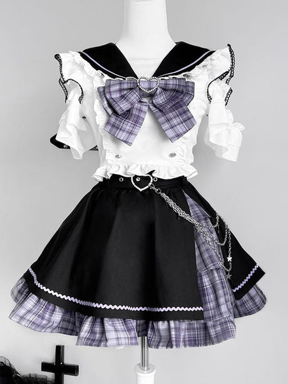 Black Set-Sailor Kei Purple Top+Purple Short And Plaid Collar Skirt Sleeves Full Shoulder Jirai Cutout