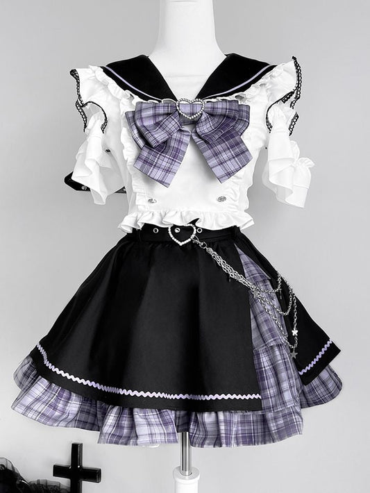 Black Set-Sailor Kei Purple Top+Purple Short And Plaid Collar Skirt Sleeves Full Shoulder Jirai Cutout