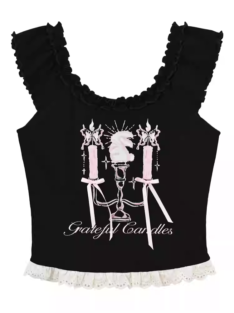 Top Tank Black Candlestick Print Lace Trim Bittersweet