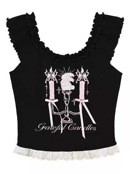 Top Tank Black Candlestick Print Lace Trim Bittersweet