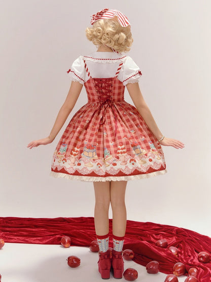 Red Gingham Pattern Cherry and Dessert Sweet Lolita Jumper Skirt