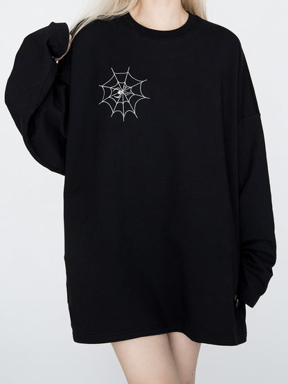 Spiderweb Embroidered Black Sweatshirt with Detachable Metal Spider