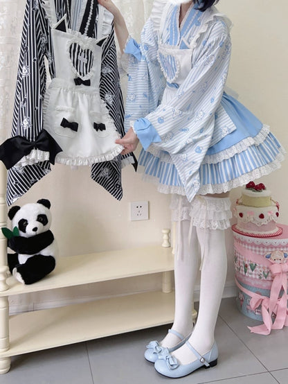 Blue Striped Little Ghost Print Top + Tiered Skirt + Apron Wa Lolita Set