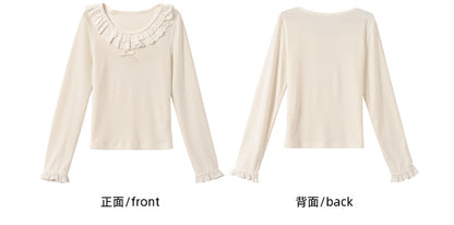 Beige Lace Trim Round Neck Slim-fit Top