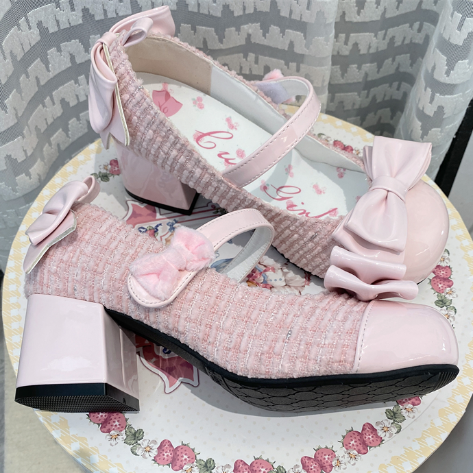 Pink Bowknot Round Toe 5.5CM Block Heel Lolita Mary Janes