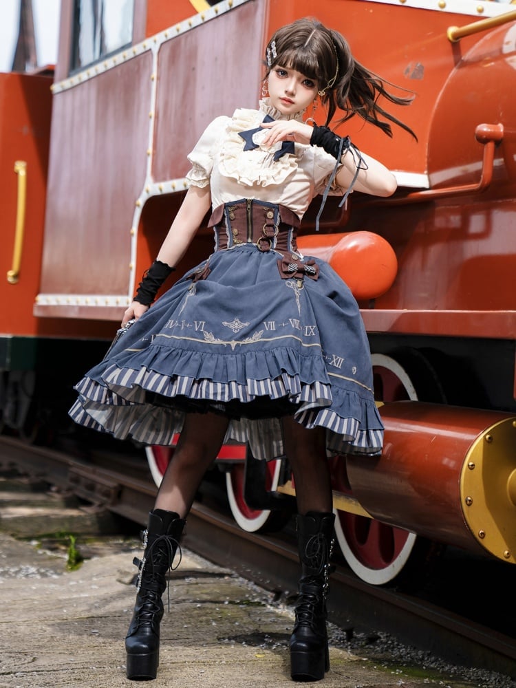 Apricot Ruffle Neckline Shirt + Brown Corset Belt + Blue Skirt Steampunk Lolita Set